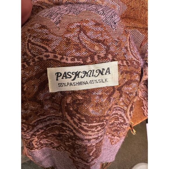 Pashmina & Silk Paisley Shawl Wrap – Burnt Orange & Lavender – Fringe BohoChic - Picture 7 of 7